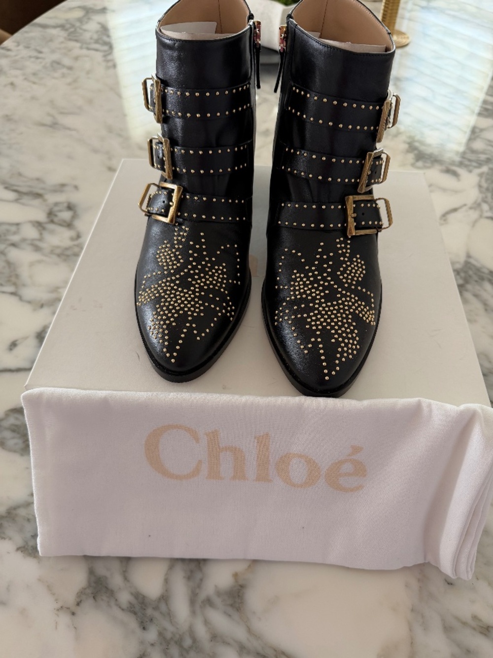 Chloe Susanna Ankle Boots Black Gold Studs Size 39.5